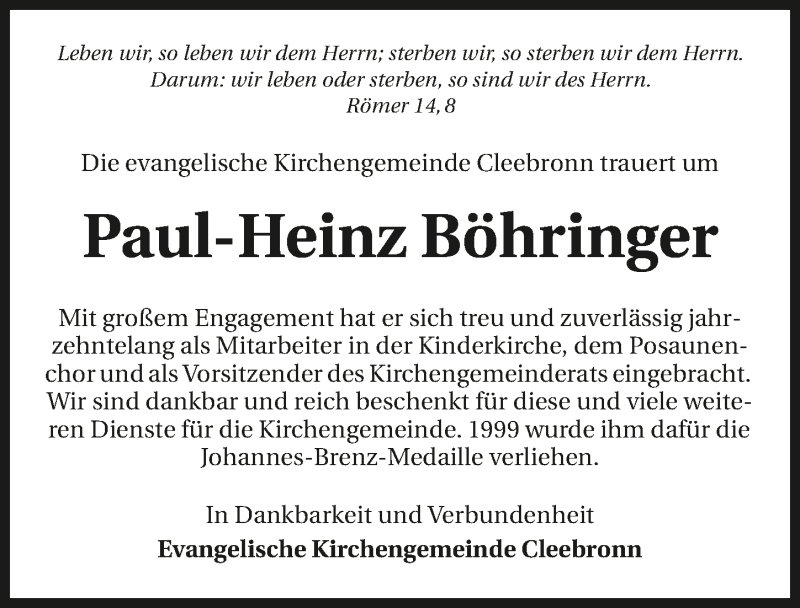  Traueranzeige für Paul-Heinz Böhringer vom 18.09.2018 aus 