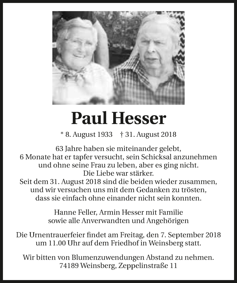  Traueranzeige für Paul Hesser vom 05.09.2018 aus 