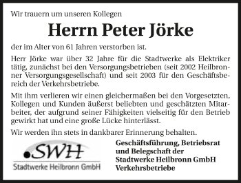 Traueranzeige von Peter Jörke 