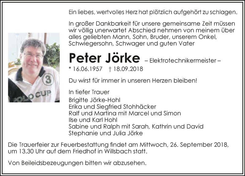  Traueranzeige für Peter Jörke vom 22.09.2018 aus 