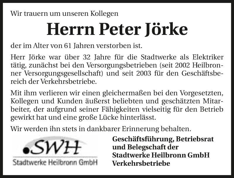  Traueranzeige für Peter Jörke vom 22.09.2018 aus 