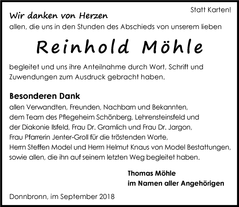  Traueranzeige für Reinhold Möhle vom 22.09.2018 aus 