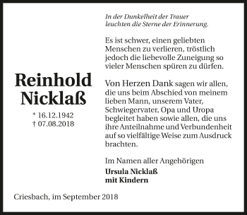 Traueranzeige von Reinhold Nicklaß 