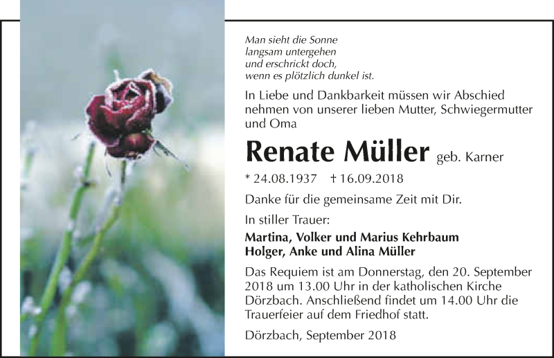  Traueranzeige für Renate Müller vom 19.09.2018 aus 