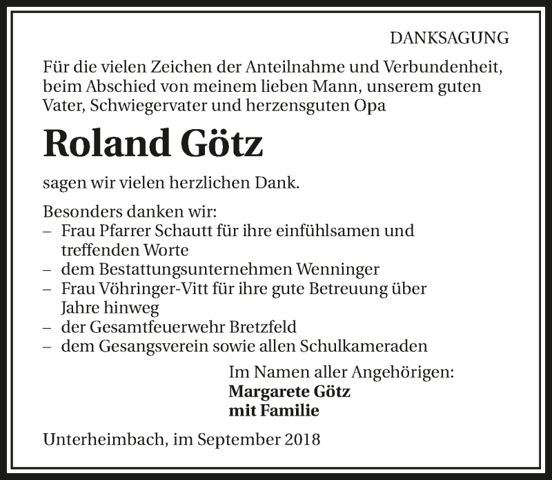  Traueranzeige für Roland Götz vom 08.09.2018 aus 