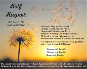 Traueranzeige von Rolf Hagner 