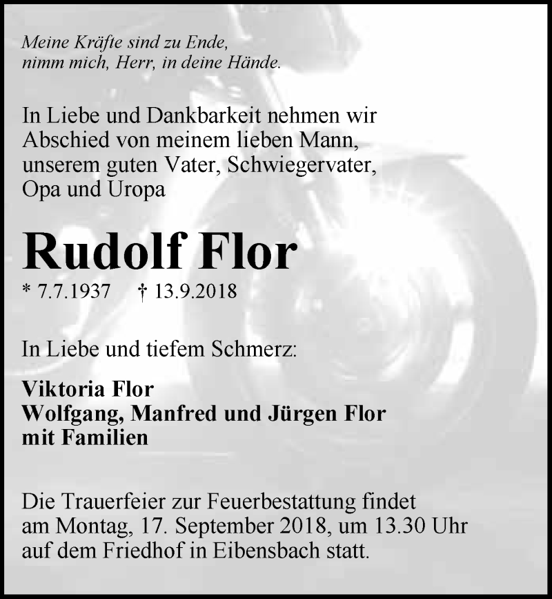  Traueranzeige für Rudolf Flor vom 15.09.2018 aus 