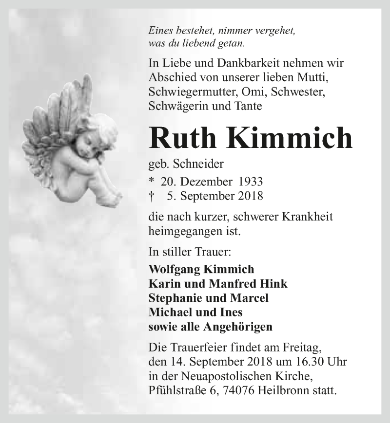  Traueranzeige für Ruth Kimmich vom 08.09.2018 aus 