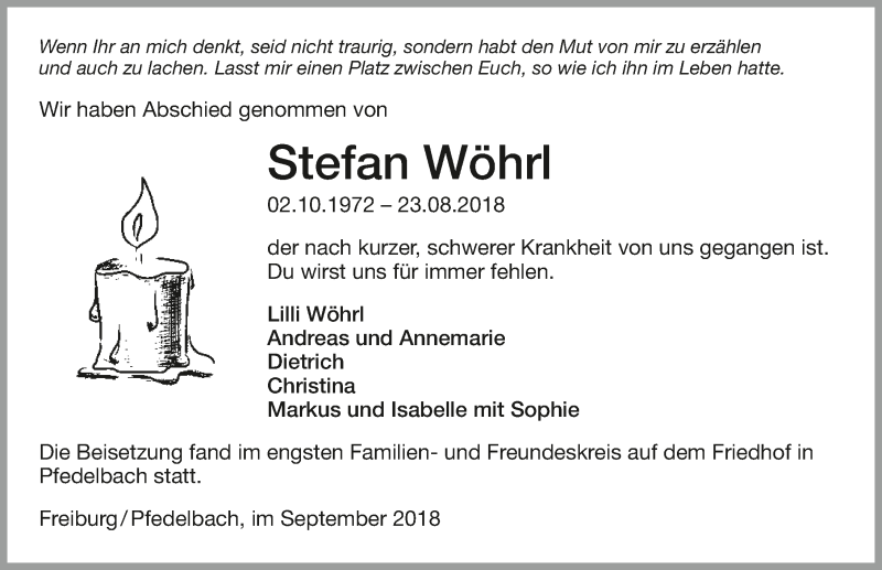 Traueranzeige für Stefan Wöhrl vom 08.09.2018 aus 
