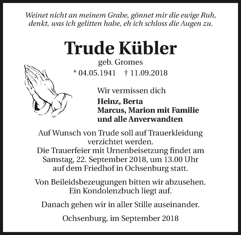  Traueranzeige für Trude Kübler vom 20.09.2018 aus 
