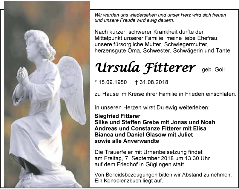  Traueranzeige für Ursula Fitterer vom 04.09.2018 aus 