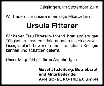 Traueranzeige von Ursula Fitterer 