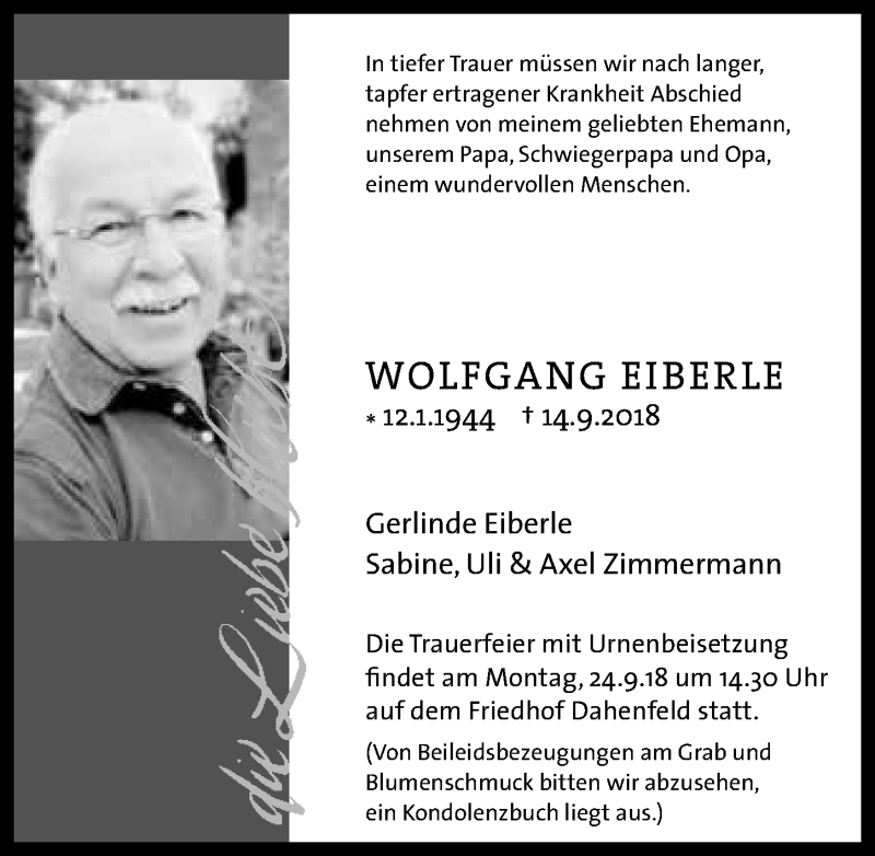  Traueranzeige für Wolfgang Eiberle vom 19.09.2018 aus 