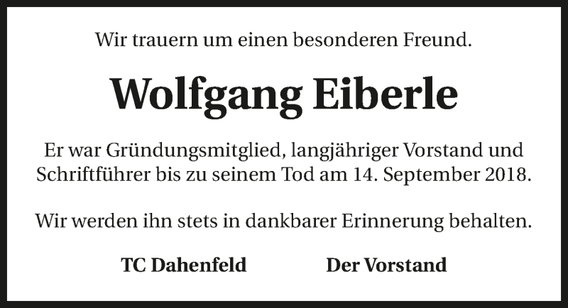  Traueranzeige für Wolfgang Eiberle vom 19.09.2018 aus 