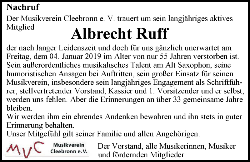 Traueranzeige für Albrecht Ruff vom 09.01.2019 aus 