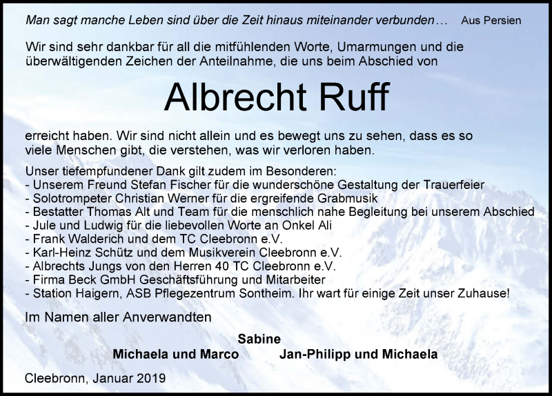  Traueranzeige für Albrecht Ruff vom 19.01.2019 aus 