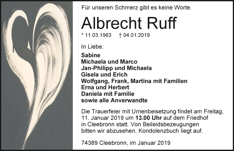  Traueranzeige für Albrecht Ruff vom 08.01.2019 aus 