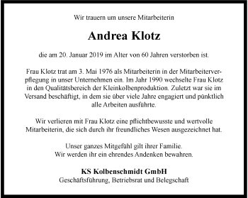 Traueranzeige von Andrea Klotz 