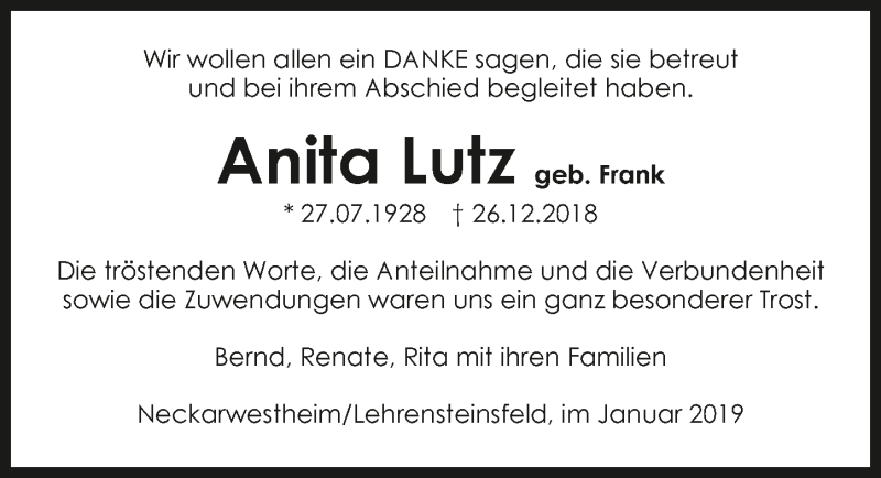  Traueranzeige für Anita Lutz vom 10.01.2019 aus 
