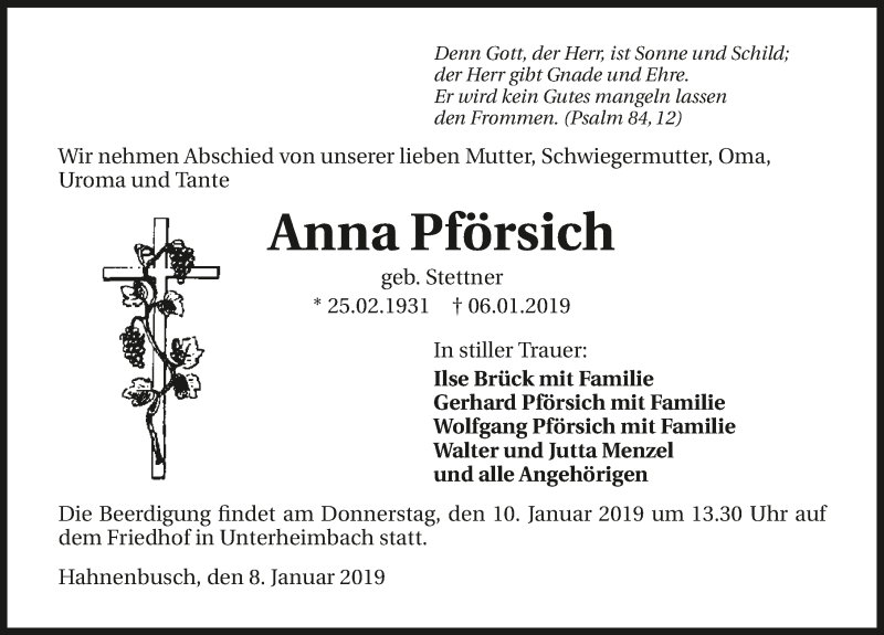  Traueranzeige für Anna Pförsich vom 08.01.2019 aus 