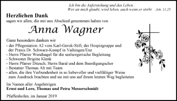 Traueranzeige von Anna Wagner 
