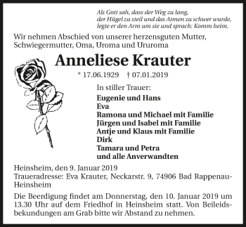 Traueranzeige von Anneliese Krauter 