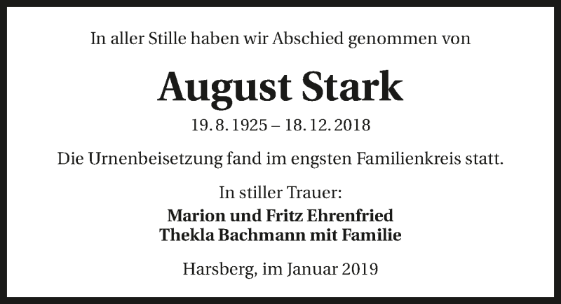  Traueranzeige für August Stark vom 05.01.2019 aus 