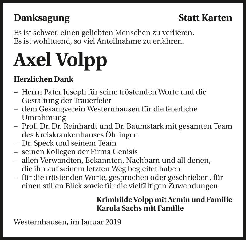  Traueranzeige für Axel Volpp vom 12.01.2019 aus 