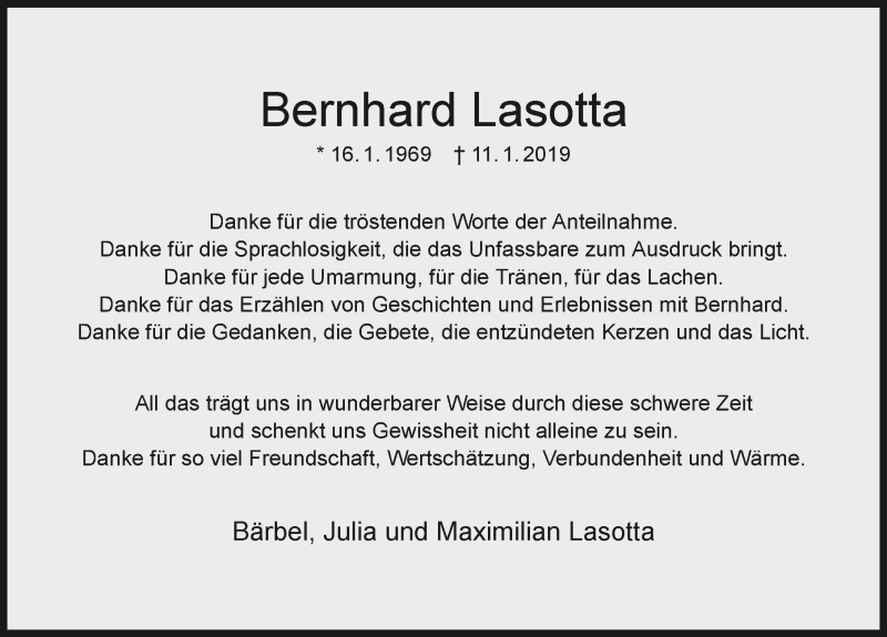  Traueranzeige für Bernhard Lasotta vom 30.01.2019 aus 