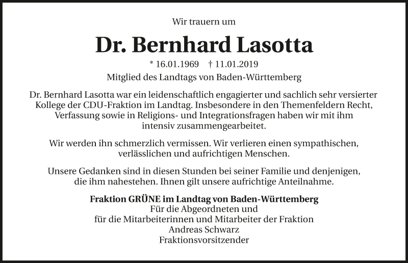  Traueranzeige für Bernhard Lasotta vom 16.01.2019 aus 