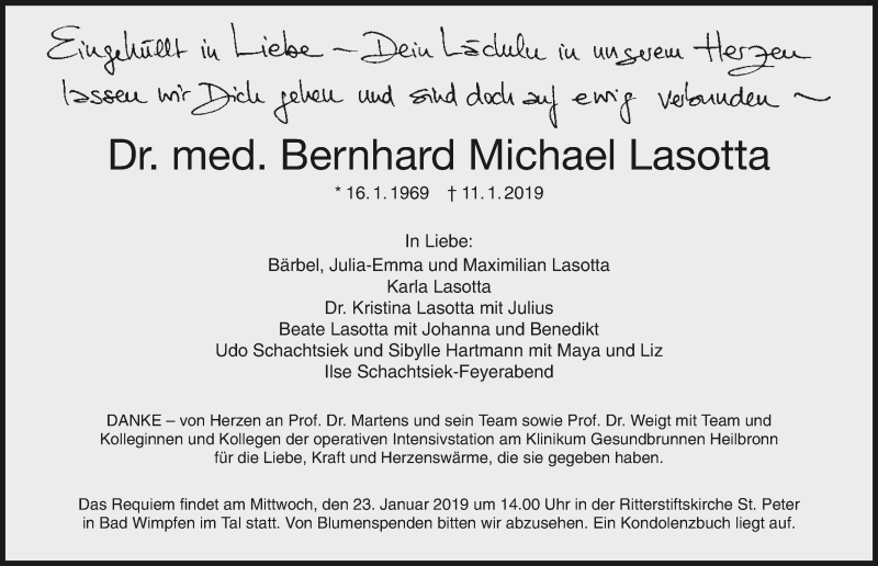  Traueranzeige für Bernhard Michael Lasotta vom 16.01.2019 aus 