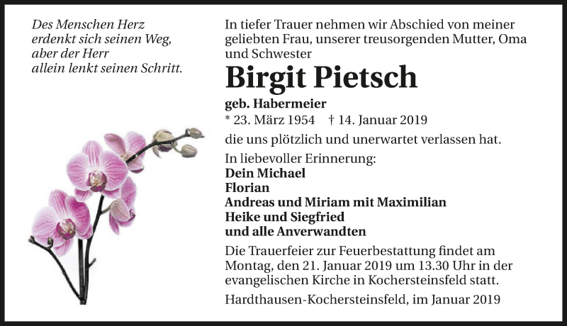  Traueranzeige für Birgit Pietsch vom 18.01.2019 aus 