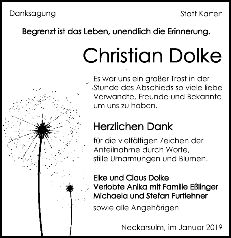  Traueranzeige für Christian Dolke vom 26.01.2019 aus 