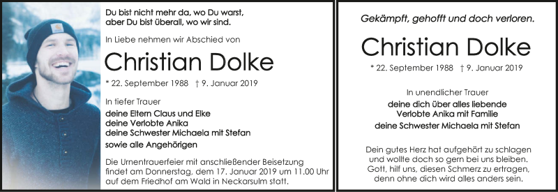  Traueranzeige für Christian Dolke vom 12.01.2019 aus 