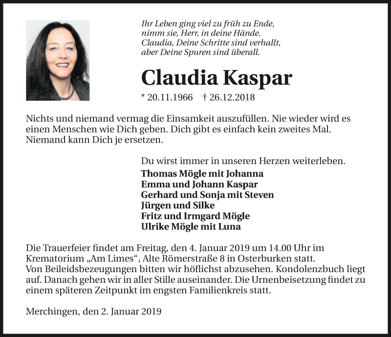  Traueranzeige für Claudia Kaspar vom 03.01.2019 aus 
