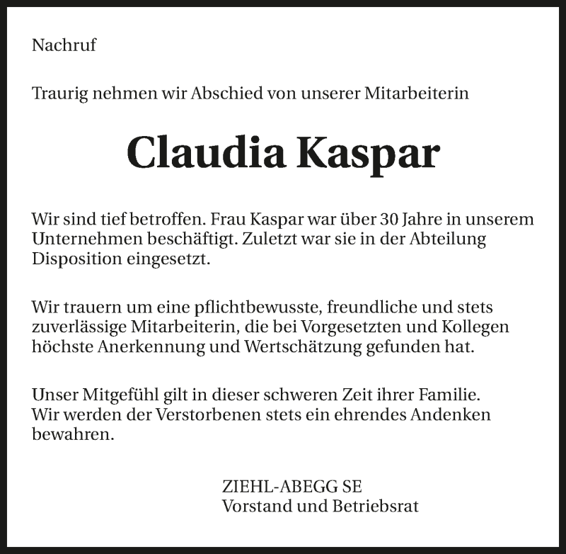  Traueranzeige für Claudia Kaspar vom 04.01.2019 aus 