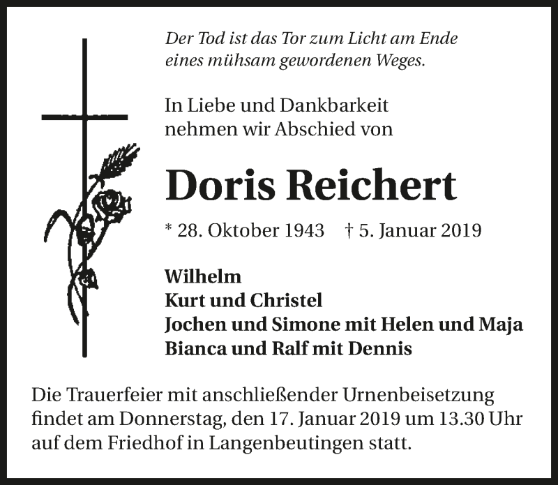  Traueranzeige für Doris Reichert vom 16.01.2019 aus 