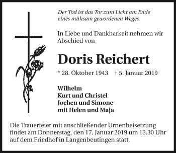 Traueranzeige von Doris Reichert 