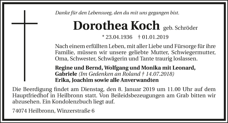  Traueranzeige für Dorothea Koch vom 04.01.2019 aus 