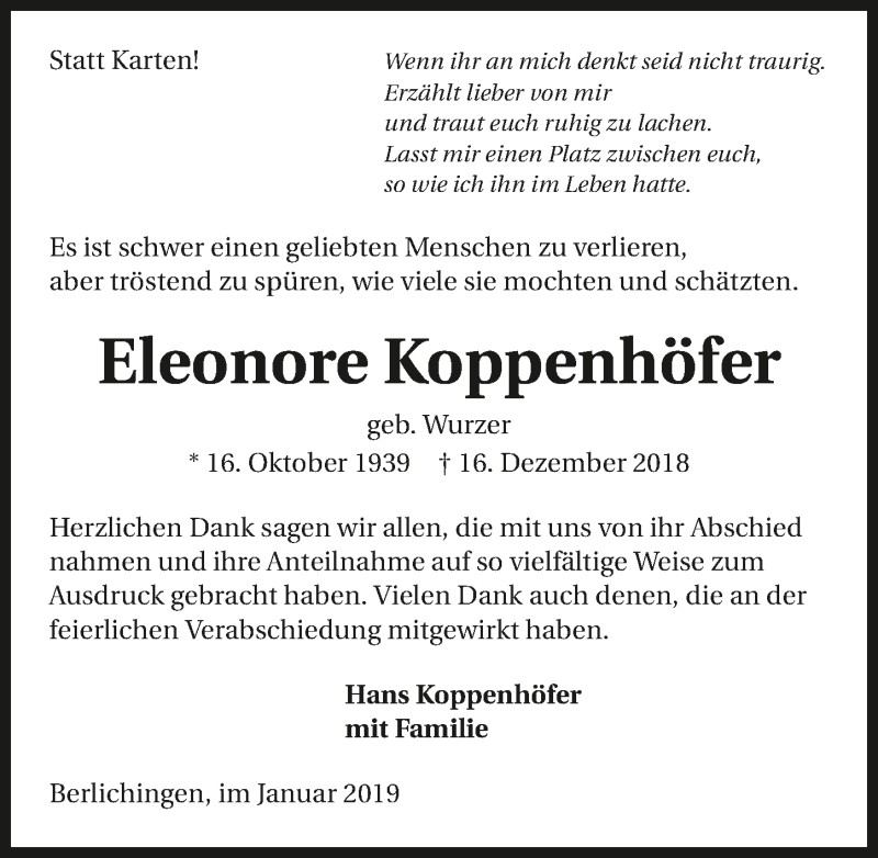  Traueranzeige für Eleonore Koppenhöfer vom 12.01.2019 aus 