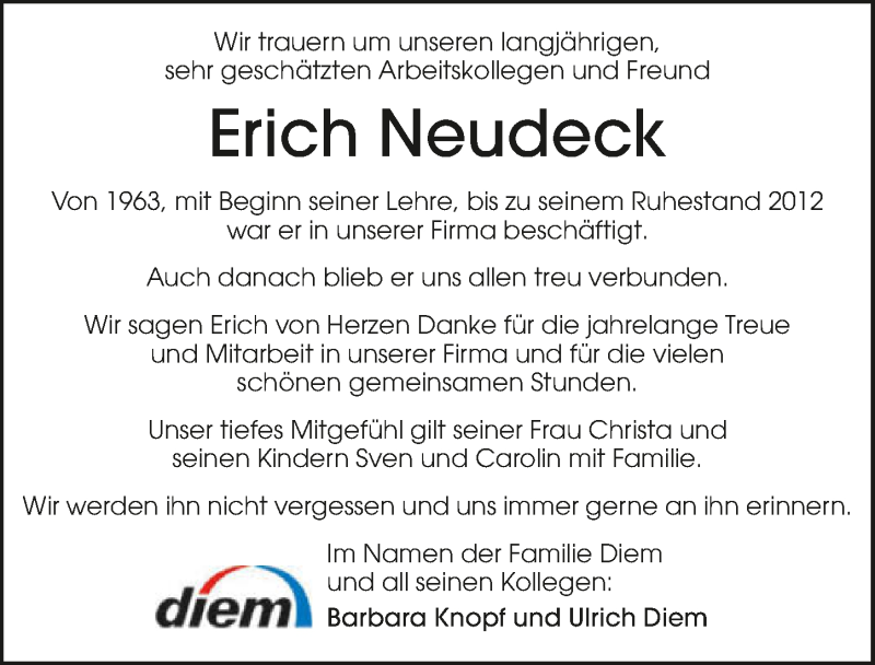  Traueranzeige für Erich Neudeck vom 15.01.2019 aus 