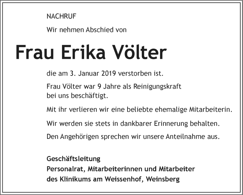  Traueranzeige für Erika Völter vom 19.01.2019 aus 