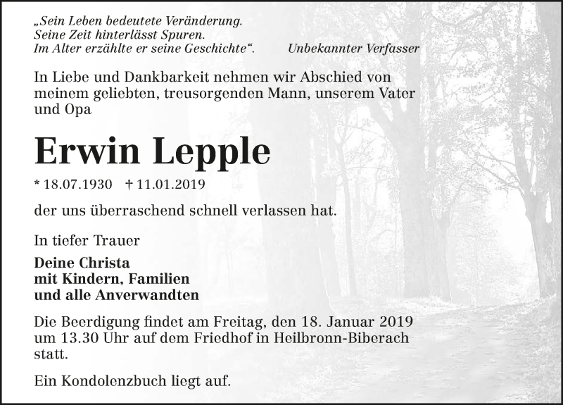  Traueranzeige für Erwin Lepple vom 16.01.2019 aus 