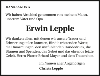 Traueranzeige von Erwin Lepple 