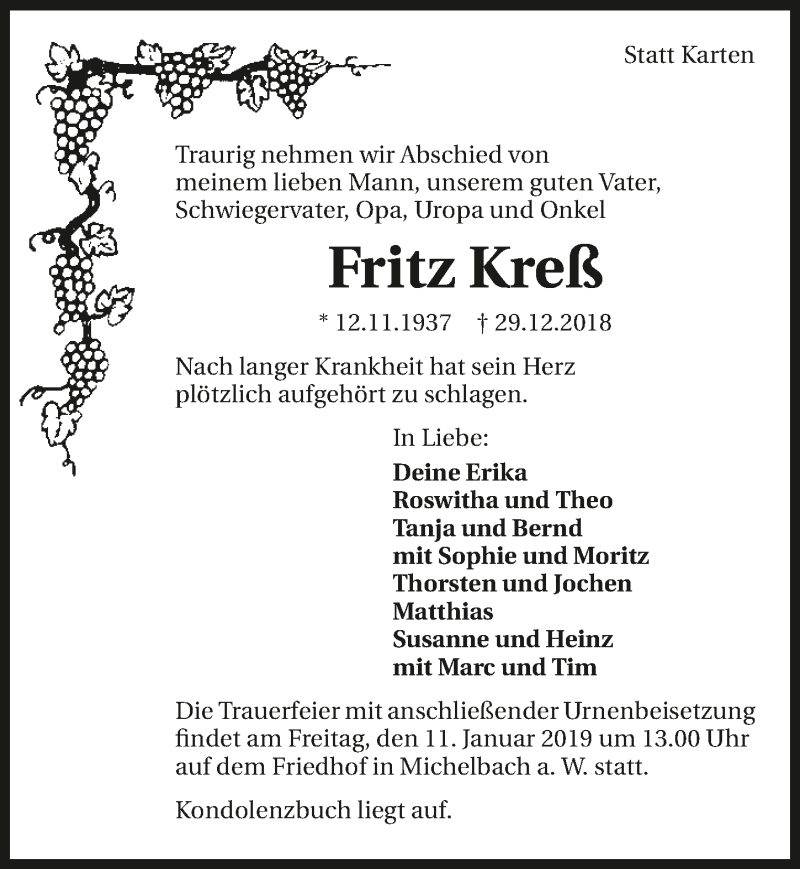  Traueranzeige für Fritz Kreß vom 08.01.2019 aus 