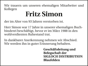 Traueranzeige von Fritz Simon 