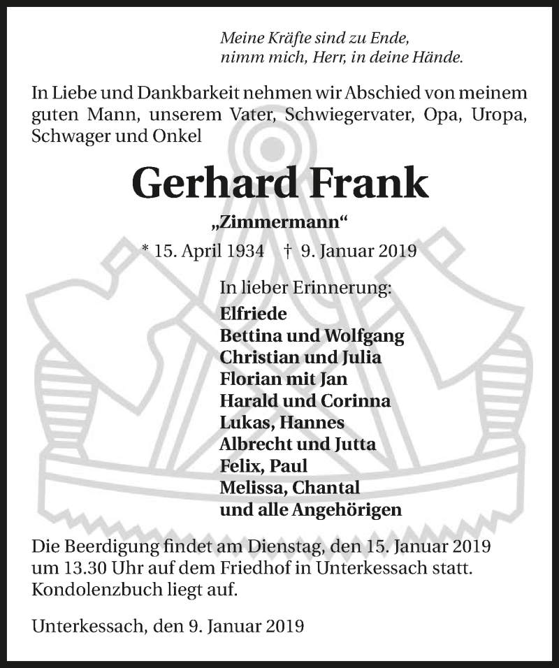  Traueranzeige für Gerhard Frank vom 12.01.2019 aus 