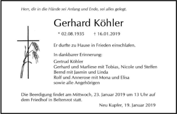 Traueranzeige von Gerhard Köhler 