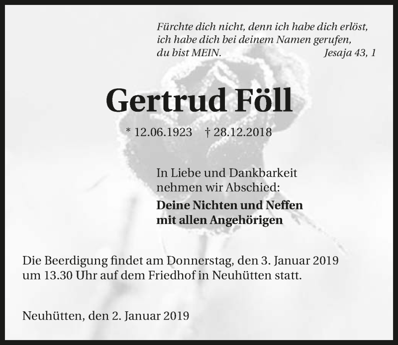  Traueranzeige für Gertrud Föll vom 02.01.2019 aus 