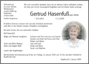 Traueranzeige von Gertrud Hasenfuß 